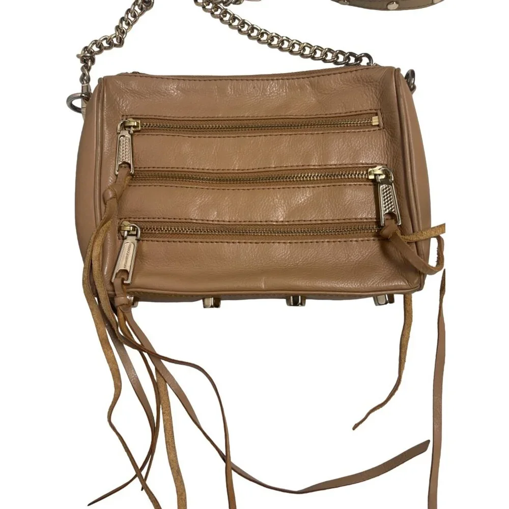 Rebecca Minkoff Zipper Tan Leather Crossbody Shoulder Bag Purse Chain Strap  - Picture 3 of 10